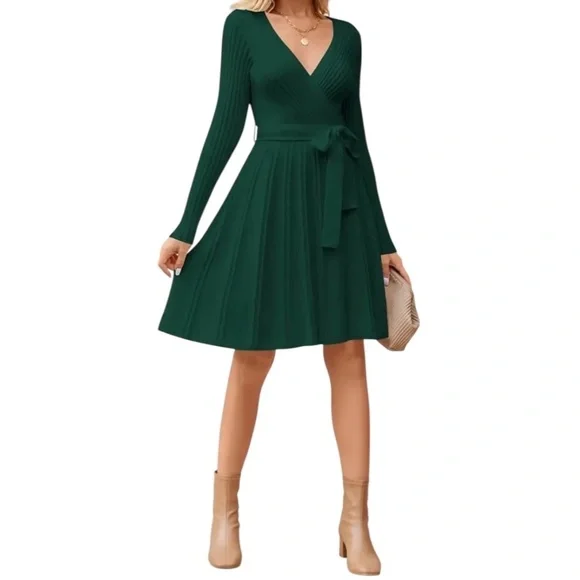 Women’s Long Sleeve Wrap V-Neck Ribbed Knit A line Sweater Dress - Picture 1 of 10